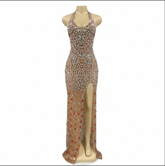 Glitter Rhinestone Prom Crystal Backless Dress Elegant Sleeveless Sequin Long Evening Dress for Women