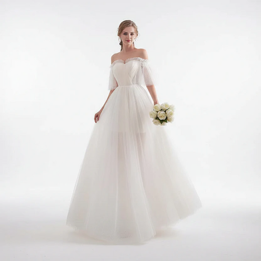White Off Shoulder Elegant Prom Dress Mesh Wedding Party Dress for Women Off White Formal Gown