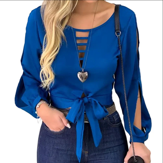 Tie Front Cut Out Top for Women Lace-Up Long Sleeve Street Style Round Neck Fashion Blouse